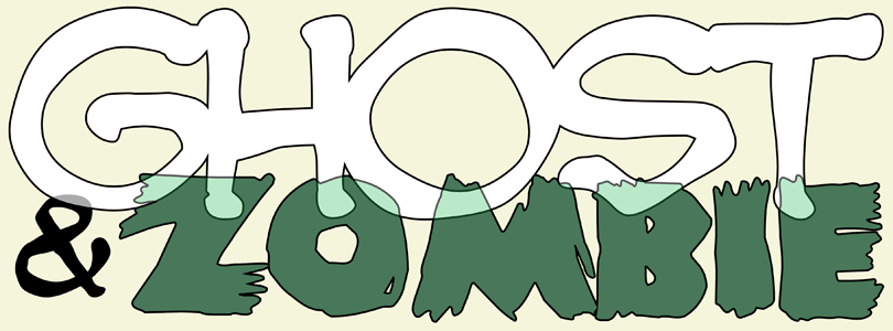 GHOST AND ZOMBIE logo, spooky-transparent for the 'Ghost' part and blocky-decaying for the 'Zombie' part